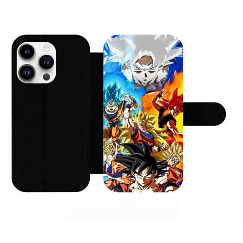 Etui À Rabat Pour Iphone 14 Pro - Dbz Sangoku L Ascension Des Super Saiyans - Simili-Cuir - Noir