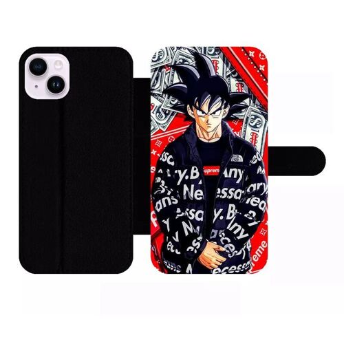 Etui À Rabat Pour Iphone 14+ - Dbz Goku Urban Saiyan Streetwise Fighter - Simili-Cuir - Noir