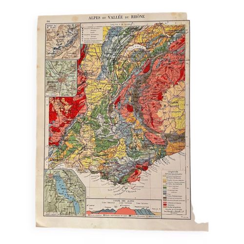 Carte des Alpes et valle du Rhne de 1945 multicolore