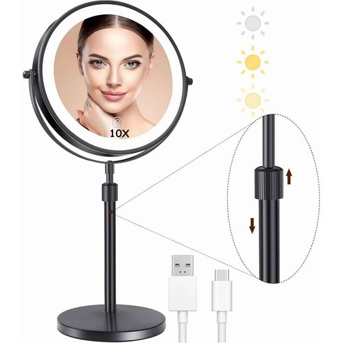 Miroir De Maquillage Debout Avec Lampe Lumineuse,Luminosité Réglable,Grossissement 10x,3 Lumières Pour Documents,Recommandé,Miroir Cosmétique,8 Po.Black. 