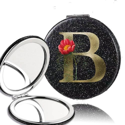 Miroir De Maquillage Compact À 2 Côtés,Grossissant Et Pliable,Outil Cosmétique De Beauté Portable,Motif De Lettres De Fleurs Dorées.B. 