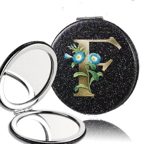 Miroir De Maquillage Compact À 2 Côtés,Grossissant Et Pliable,Outil Cosmétique De Beauté Portable,Motif De Lettres De Fleurs Dorées.F. 
