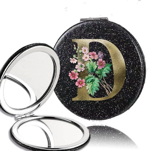Miroir De Maquillage Compact À 2 Côtés,Grossissant Et Pliable,Outil Cosmétique De Beauté Portable,Motif De Lettres De Fleurs Dorées.D. 