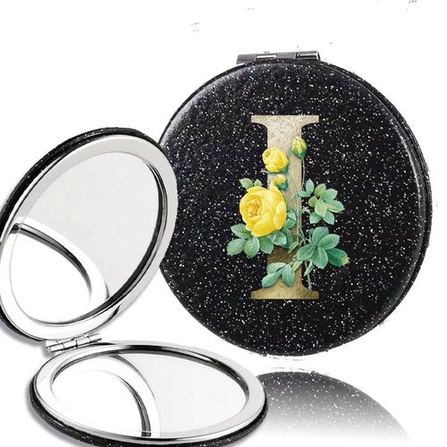 Miroir De Maquillage Compact À 2 Côtés,Grossissant Et Pliable,Outil Cosmétique De Beauté Portable,Motif De Lettres De Fleurs Dorées.I. 