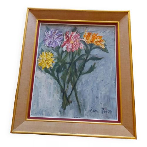 Peinture laposhuile signe annes 60aposS bouquet de fleurs multicolore