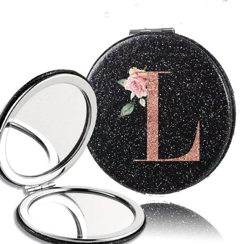 Miroir De Maquillage Portable Double Face En Pu,Outil De Poche Grossissant,Motif De Lettre En Or Rose,Outil Cosmétique De Beauté De Voyage.L. 