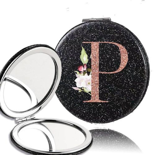Miroir De Maquillage Portable Double Face En Pu,Outil De Poche Grossissant,Motif De Lettre En Or Rose,Outil Cosmétique De Beauté De Voyage.P. 