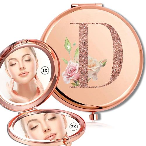 Miroir Rond De Maquillage Grossissant Double Face En Métal,Cosmétique,Aspect Portable,Verre,Compact,Motif De Lettres En Or Rose.D. 