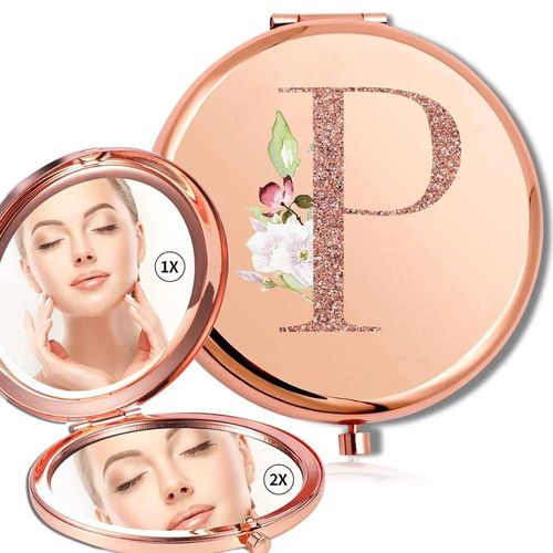 Miroir Rond De Maquillage Grossissant Double Face En Métal,Cosmétique,Aspect Portable,Verre,Compact,Motif De Lettres En Or Rose.P. 