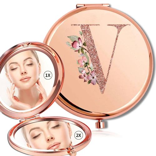 Miroir Rond De Maquillage Grossissant Double Face En Métal,Cosmétique,Aspect Portable,Verre,Compact,Motif De Lettres En Or Rose.V. 