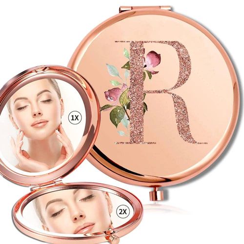 Miroir Rond De Maquillage Grossissant Double Face En Métal,Cosmétique,Aspect Portable,Verre,Compact,Motif De Lettres En Or Rose.R. 