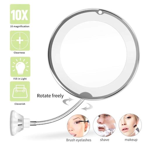Grand Miroir De Maquillage Éclairé 10x,Miroir De Maquillage Led Alimenté Par Batterie Avec Miroir Grossissant À Ventouse 360 ° Miroir De Rotation.Sliver. 