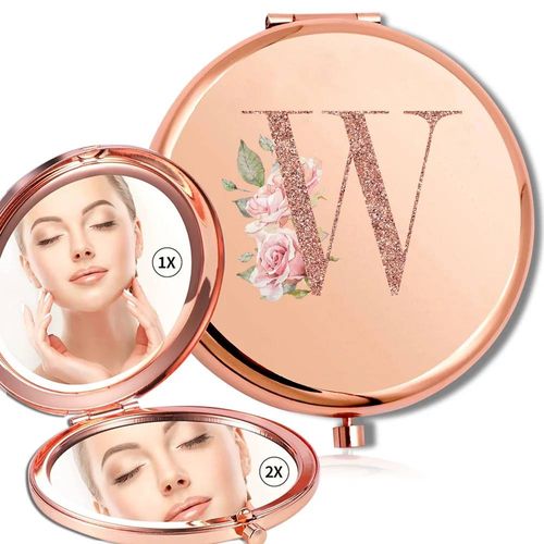 Miroir Rond De Maquillage Grossissant Double Face En Métal,Cosmétique,Aspect Portable,Verre,Compact,Motif De Lettres En Or Rose.W. 
