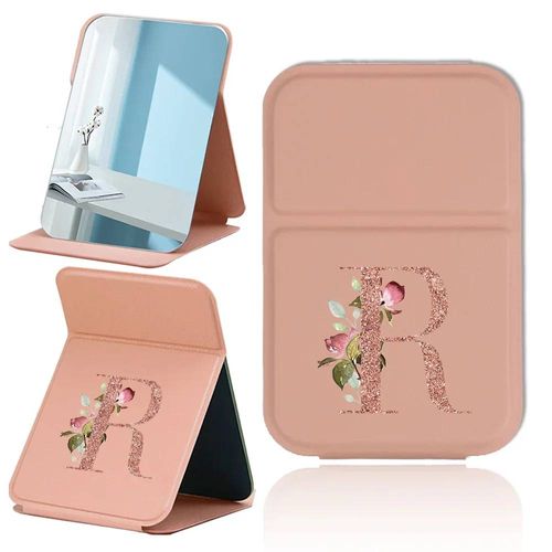Miroir De Maquillage De Bureau Pliable,Miroir De Maquillage De Voyage En Pu,Miroir De Poche Portable En Cuir Antidérapant,Motif De Lettres En Or Rose.R. 