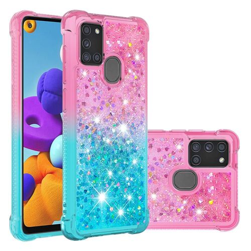 Étui Pour Samsung Galaxy A21s Paillettes Liquides Cristal Brillant Bling Drôle Pare-Chocs, - Powder Blue