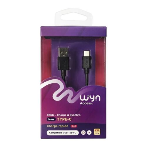 Câble type C noir charge rapide 2.4A XXL 2m