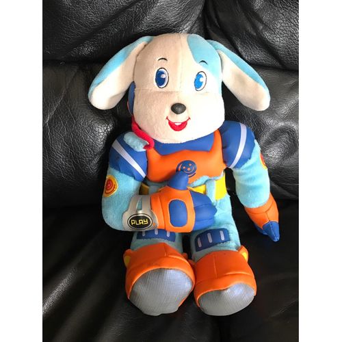 Peluche Doudou Chien Berchet Pilote Cosmonaute Bleu Orange Beige 20cm Assis