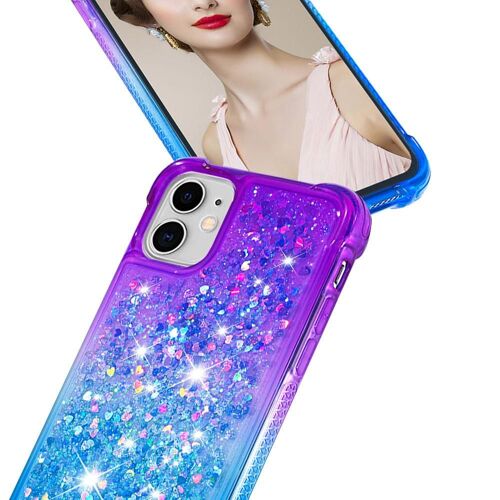 Étui Pour Iphone 12 Cristal Brillant Bling Drôle Pare-Chocs, Paillettes Liquides - Bleu Violet