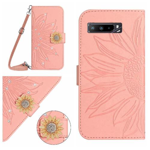 Étui Pour De Téléphone Asus Rog Pour Téléphone 3 Tournesol Avec Support De Fente Pour Carte Bicelle De Protection Portefeuille En Cuir Avec Une Longue Lanière - Couleur Rose