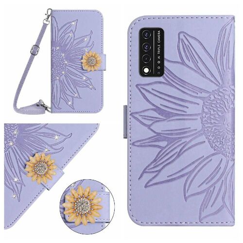 Étui Pour De Téléphone T-Mobile Revvl V 5g Avec Une Longue Lanière Tournesol Avec Support De Fente Pour Carte Portefeuille En Cuir Bicelle De Protection - Violet Clair