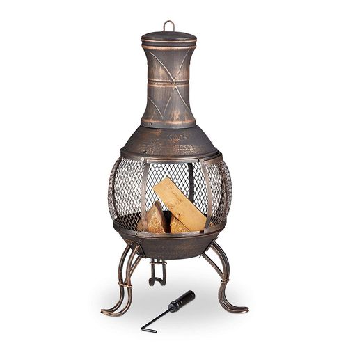 Relaxdays brasero mexicain, tisonnier, gril en bois, pare-étincelles, jardin, terrasse, cheminée antique, H 89cm, bronze