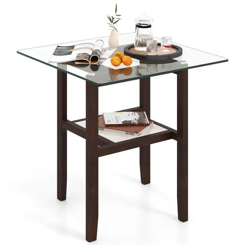 Costway Table Basse En Verre Trempé À 2 Niveaux, Cadre En Bois D'hévéa, Table Basse Salon Carrée De 61 Cm Our Chambre Bureau