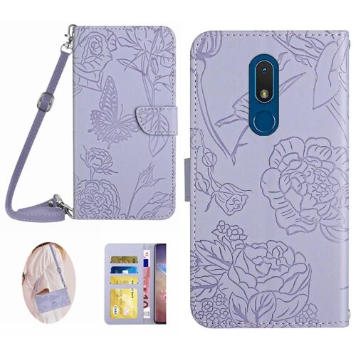 Étui Pour Coque De Téléphone Nokia C3 2020 Avec Porte-Carte Et Longue Sangle Portefeuille En Cuir Papillons Et Fleurs Cuir Pu Doux - Violet Clair