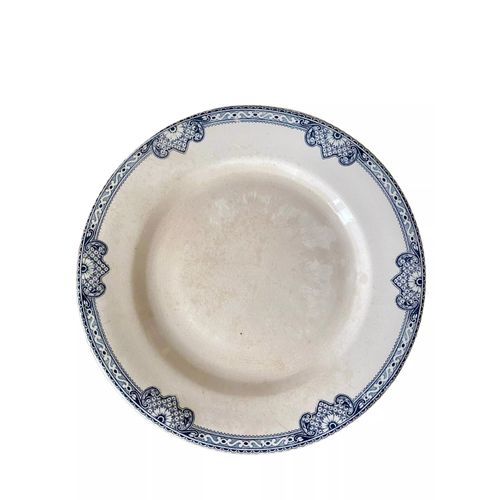 Ancien Plat Sur Pied Terre De Fer En Faence De Salins Bleu