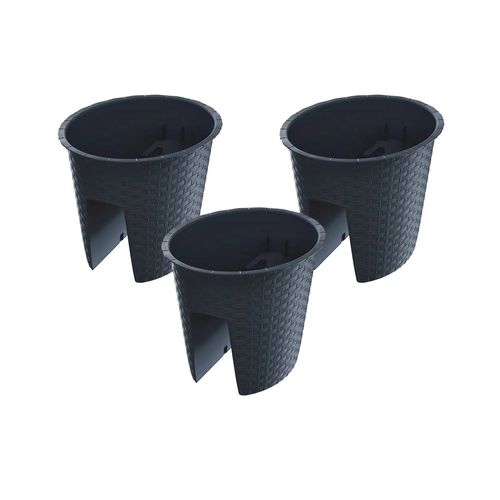 Prosperplast, Jardinière De Balcon « Ratolla Railing » Aspect Rotin, Lot De 3 (Ovale, Anthracite, 298x242x225 Mm)