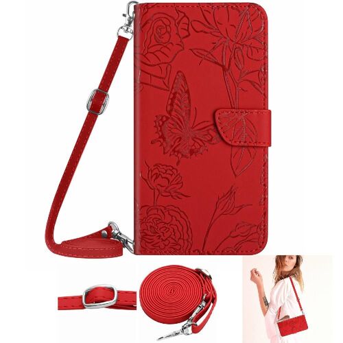 Étui Pour De Téléphone Asus Rog Pour Téléphone 3 Papillons Et Fleurs Avec Porte-Carte Et Longue Sangle Cuir Pu Doux Portefeuille En Cuir - Rouge