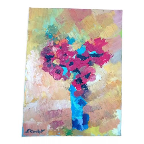Les anmones huile sur toile sign jaune