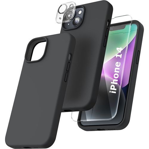 Coque Silicone Noir + Verre Trempe et Protection Camera Arriere Pour iPhone 14 Little Boutik®