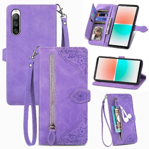 Étui Pour Sony Xperia 10 Iv Multi-Couleur Affaires Fermeture Éclair Style Fente Multi-Carte Portefeuille - Violet