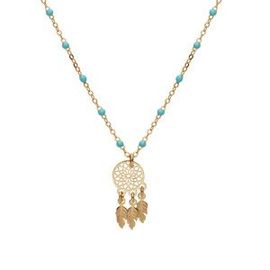 Collier Argent Et Dorure Jaune Boules Résine Turquoise Imitation Avec Attrape Reve 40+5cm