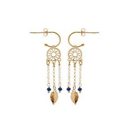 Boucles D'oreilles Tige Argent Et Dorure Jaune Demi Créole Attrape Reve Boules Résine Bleu Foncé