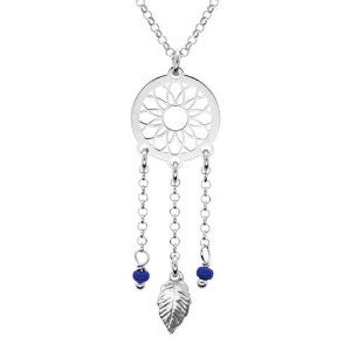 Collier Argent Rhodié Attrape Reve Boules Résine Bleu Foncé 38+5cm
