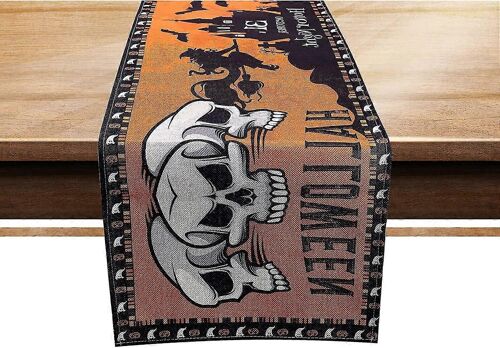 Chemin De Table D'halloween, Chemin De Table En Lin, Citrouille, Fantôme, Sorcière, Crâne, Chauve-Souris, Chemin De Table D'halloween