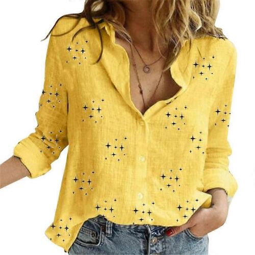 Femmes Coton Bouton Du-Chemise Décontractée Manches Longues Loose Fit Col Lin Chemisier De Travail Haut-Jaune-Adulte-3xl-Femelle