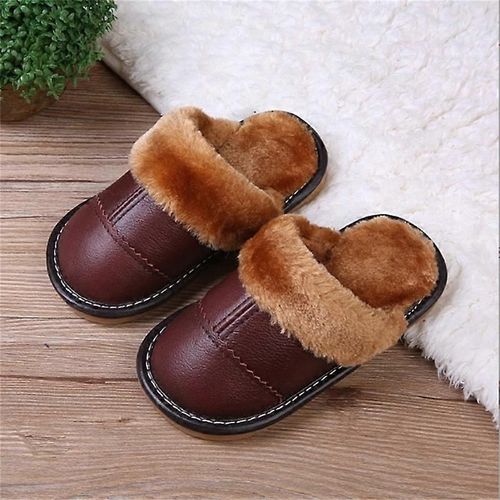 Pantoufles En Cuir Véritable Pour Hommes Pantoufles En Fausse Fourrure Chaussures À Enfiler Pour Le Bureau Maison Chambre À Coucher Invités Visiteur-Café-Adulte-Longueur Intérieure 16cm-Unisexe