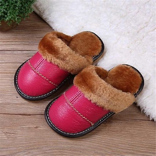 Pantoufles En Cuir Véritable Pour Hommes Pantoufles En Fausse Fourrure Chaussures À Enfiler Pour Le Bureau Maison Chambre À Coucher Invités Visiteur-Rose Rouge-Adulte-Longueur Intérieure 18cm-Unisexe
