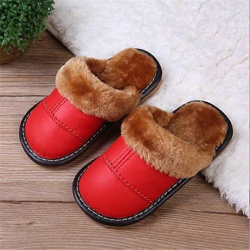 Pantoufles En Cuir Véritable Pour Hommes Pantoufles En Fausse Fourrure Chaussures À Enfiler Pour Le Bureau Maison Chambre À Coucher Invités Visiteur-Rouge-Adulte-Longueur Intérieure 22cm-Unisexe