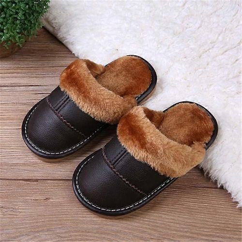 Pantoufles En Cuir Véritable Pour Hommes Pantoufles En Fausse Fourrure Chaussures À Enfiler Pour Le Bureau Maison Chambre À Coucher Invités Visiteur-Marron-Adulte-Longueur Intérieure 22cm-Unisexe