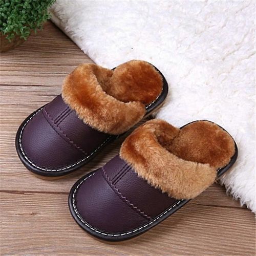 Pantoufles En Cuir Véritable Pour Hommes Pantoufles En Fausse Fourrure Chaussures À Enfiler Pour Le Bureau Maison Chambre À Coucher Invités Visiteur-Violet-Adulte-Longueur Intérieure 18cm-Unisexe