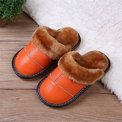 Pantoufles En Cuir Véritable Pour Hommes Pantoufles En Fausse Fourrure Chaussures À Enfiler Pour Le Bureau Maison Chambre À Coucher Invités Visiteur-Orange-Adulte-Longueur Intérieure 18cm-Unisexe