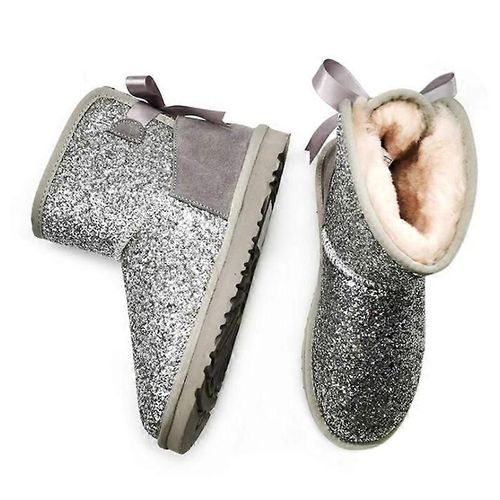 Evago Cadeau De Noël Filles Glitter Bottes De Neige Doublure En Coton Chaud Hiver Antidérapant Chaussures Avec Arc Mignon-Gray-Enfants-37 À 38-Femme