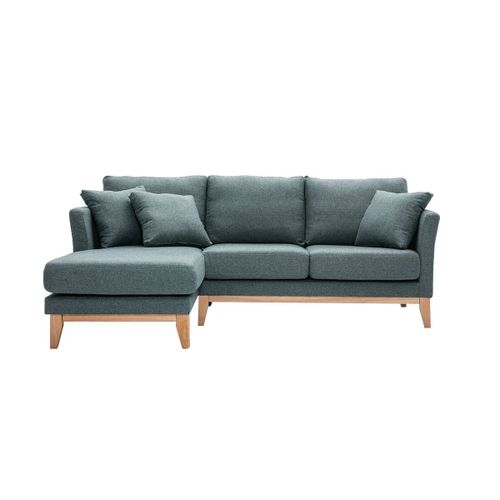 Canapé D'angle Gauche Déhoussable Scandinave En Tissu Vert De Gris Et Bois Clair 3-4 Places Oslo