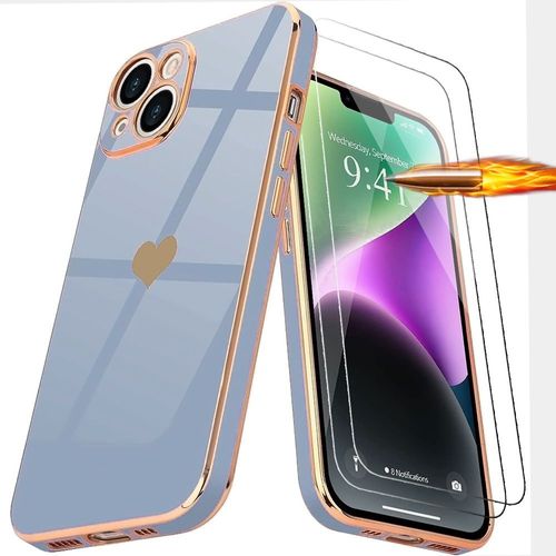 Coque Pour Iphone 14, Bleu, Coque Antichoc En Silicone Hybride Avec Motif DAmour CUr Plaqué Et Doré + 2 Verres Trempés - E.F.Connection