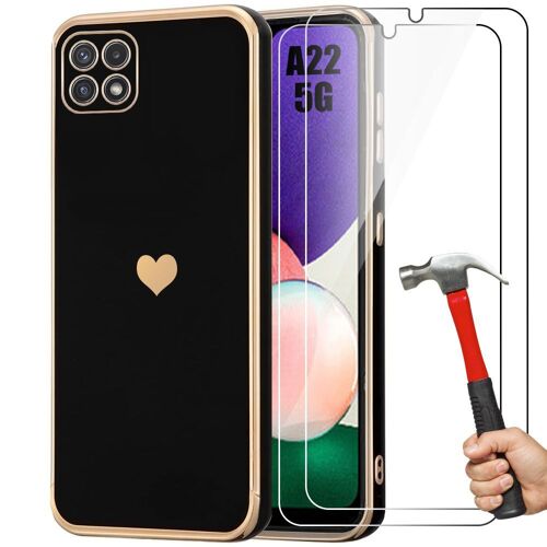 Coque TPU pour Samsung Galaxy A22 5G - Noir Motif Cur Anti-Rayure + 2 Verres Trempés Protection - E.F.Connection