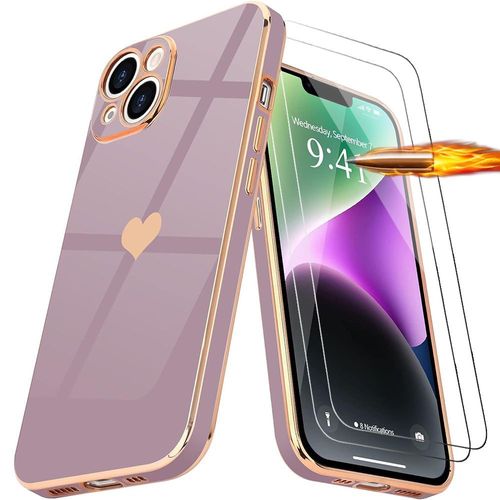 Coque + 2 Verres Trempés Pour Iphone 14 - Violet - Antichoc En Silicone Liquide Avec Motif D'amour CUr Doré Et Plaqué - E.F.Connection