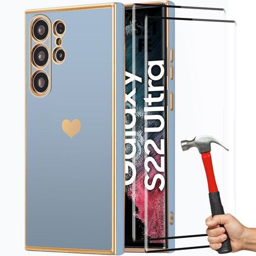 Coque Pour Samsung Galaxy S22 Ultra - Bleu - En Silicone, Motif DAmour Plaqué, Protection Antichoc + 2 Verres Trempés - E.F.Connection